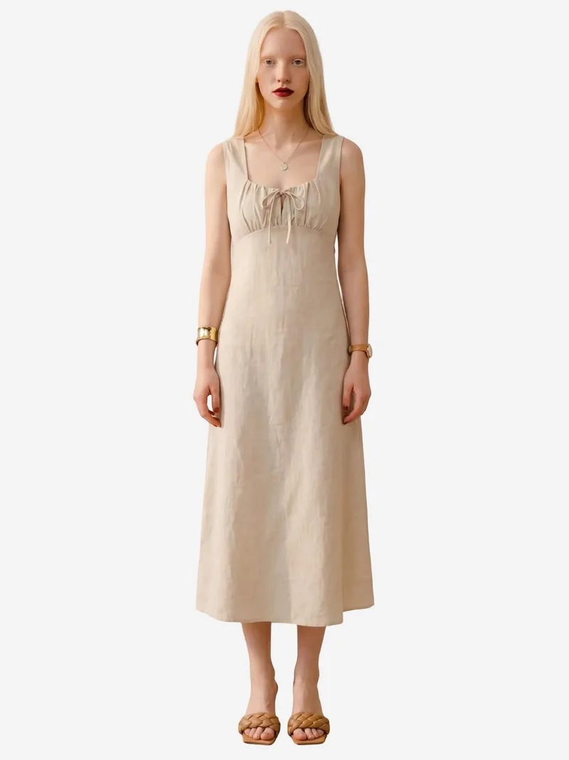 MY FASHION Beige Natural MY FASHION Midi Linen Dress with Tie Detail for Women | Best Price UAE